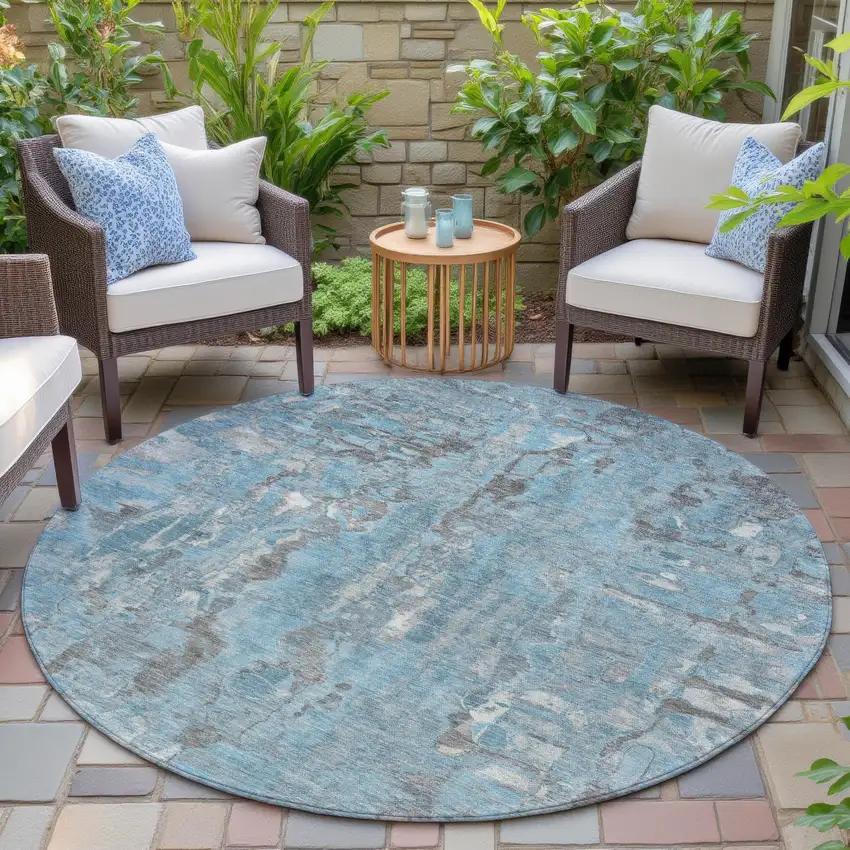 8' Denim Blue And Gray Round Abstract Washable Indoor Outdoor Area Rug Photo 6