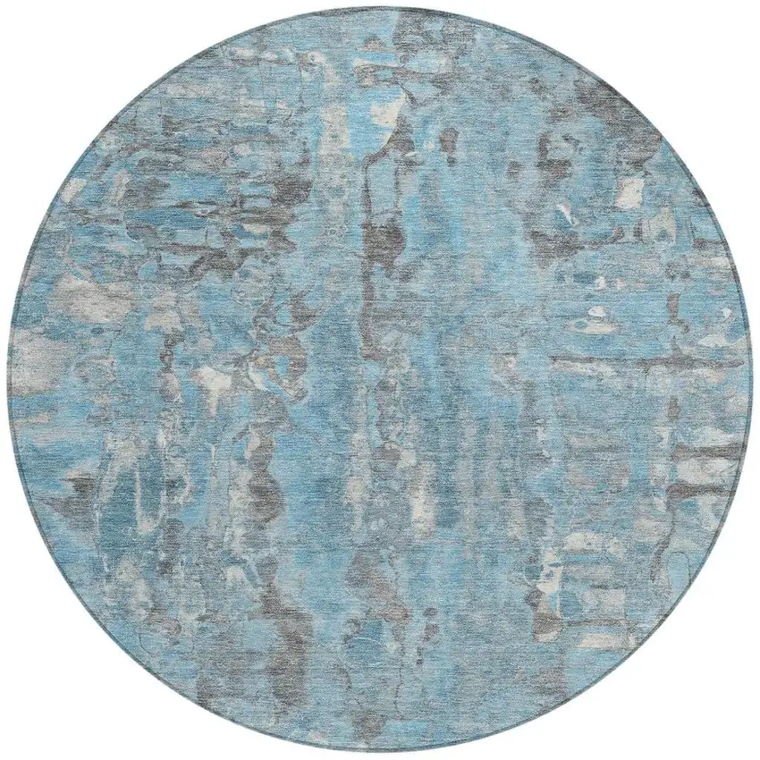 8' Denim Blue And Gray Round Abstract Washable Indoor Outdoor Area Rug Photo 5