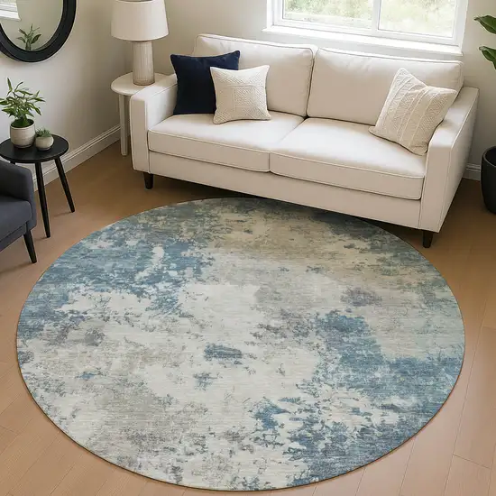 8' Denim Blue And Gray Round Abstract Washable Indoor Outdoor Area Rug Photo 5