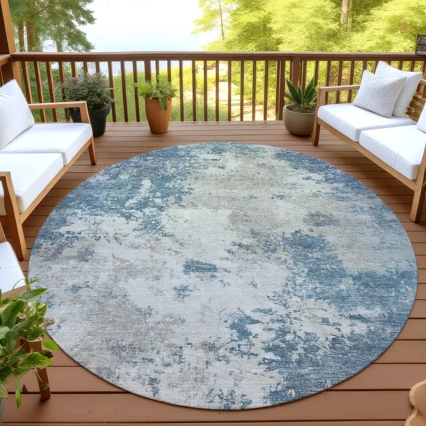 8' Denim Blue And Gray Round Abstract Washable Indoor Outdoor Area Rug Photo 4