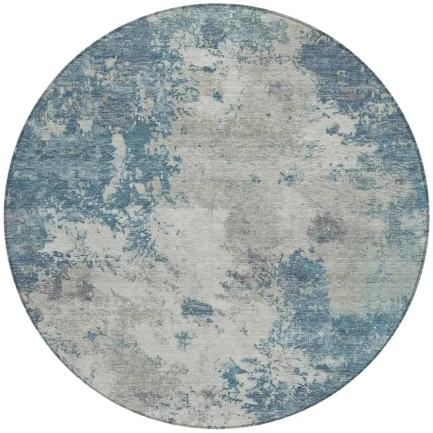 8' Denim Blue And Gray Round Abstract Washable Indoor Outdoor Area Rug Photo 3