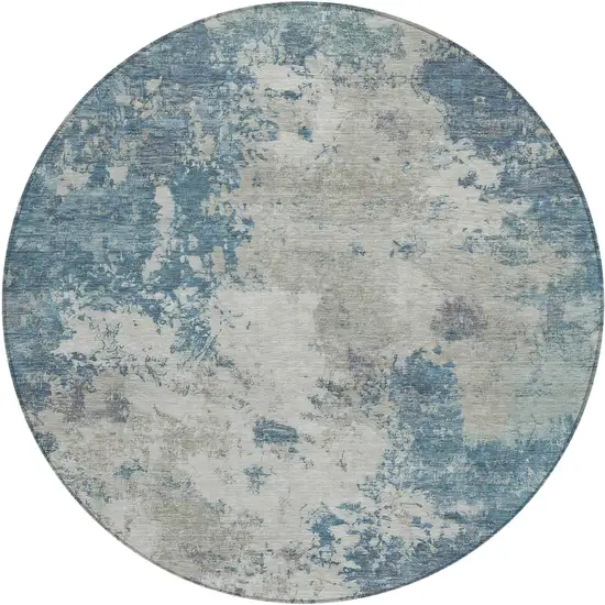 8' Denim Blue And Gray Round Abstract Washable Indoor Outdoor Area Rug Photo 1