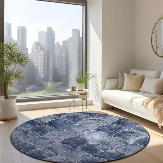 8' Denim Blue And Gray Round Abstract Washable Indoor Outdoor Area Rug Photo 7