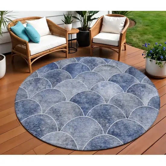 8' Denim Blue And Gray Round Abstract Washable Indoor Outdoor Area Rug Photo 1