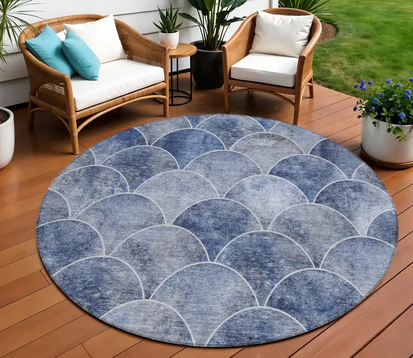 8' Denim Blue And Gray Round Abstract Washable Indoor Outdoor Area Rug Photo 1