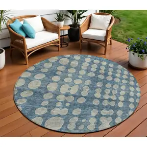 Photo of 8' Denim Blue And Gray Round Abstract Washable Indoor Outdoor Area Rug