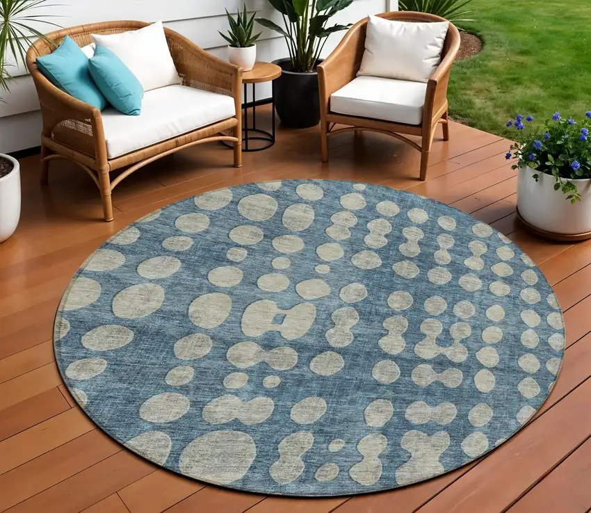 8' Denim Blue And Gray Round Abstract Washable Indoor Outdoor Area Rug Photo 1