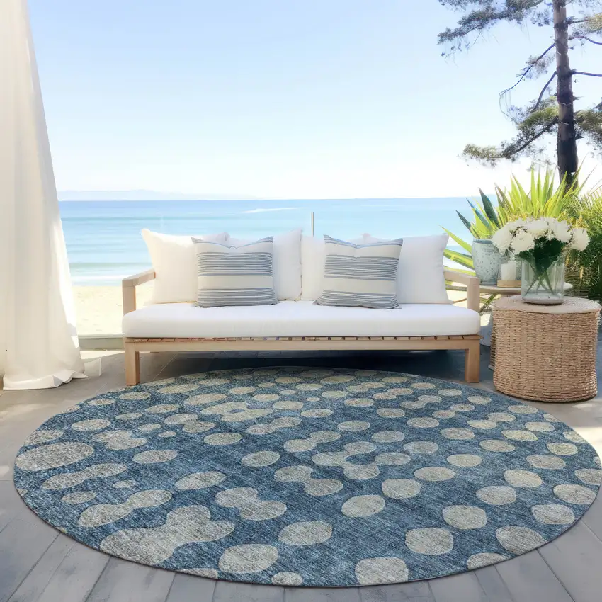 8' Denim Blue And Gray Round Abstract Washable Indoor Outdoor Area Rug Photo 6