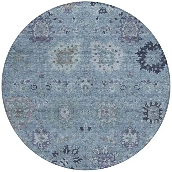 8' Denim Blue And Gray Round Damask Washable Indoor Outdoor Area Rug Photo 4