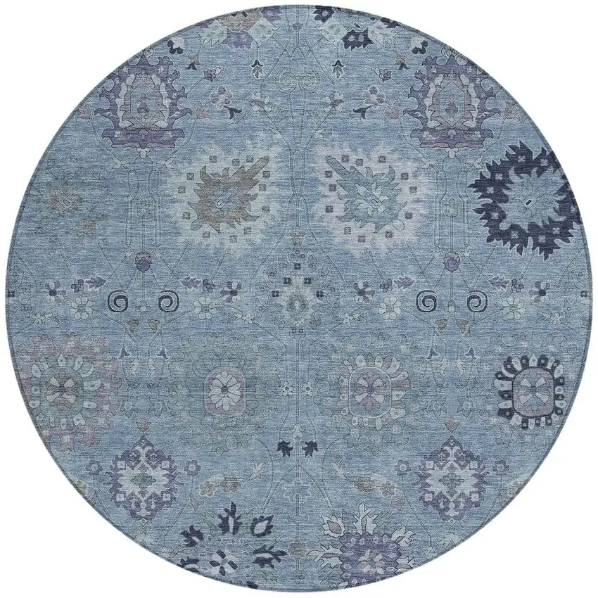 8' Denim Blue And Gray Round Damask Washable Indoor Outdoor Area Rug Photo 4