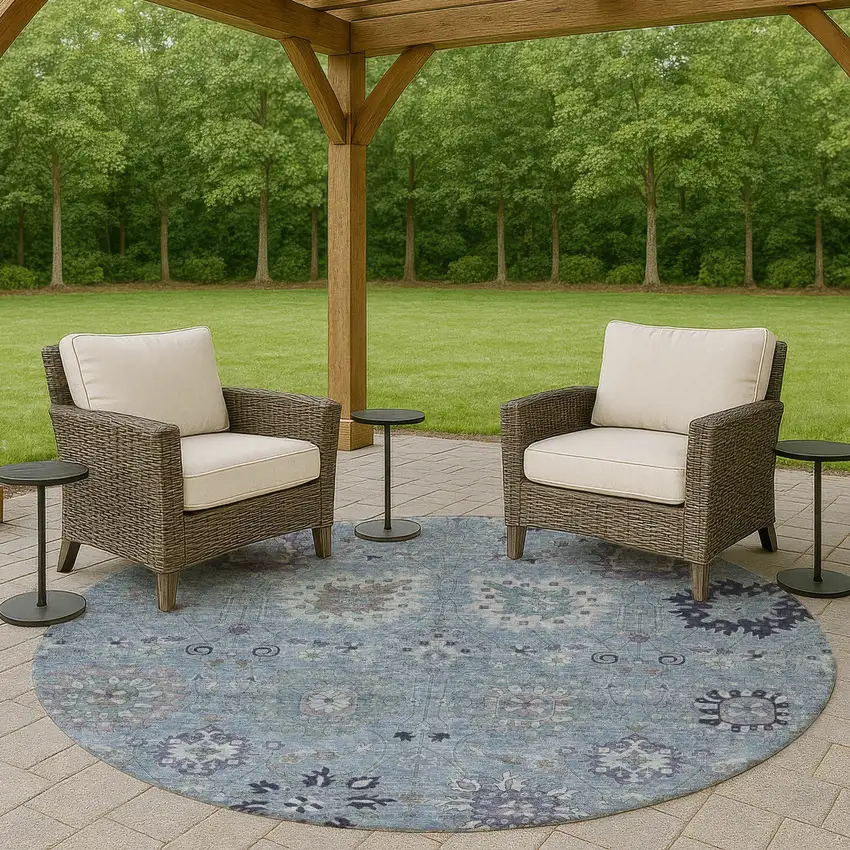 8' Denim Blue And Gray Round Damask Washable Indoor Outdoor Area Rug Photo 8