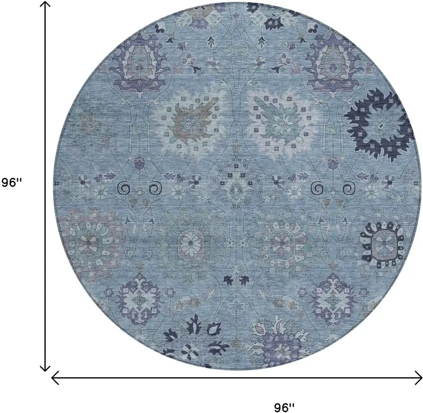 8' Denim Blue And Gray Round Damask Washable Indoor Outdoor Area Rug Photo 3