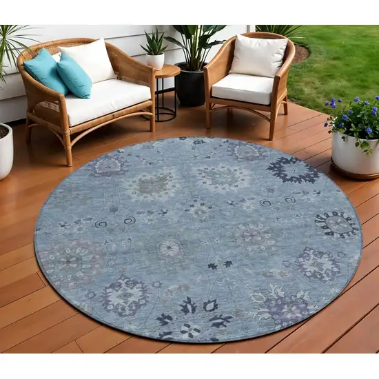 8' Denim Blue And Gray Round Damask Washable Indoor Outdoor Area Rug Photo 1