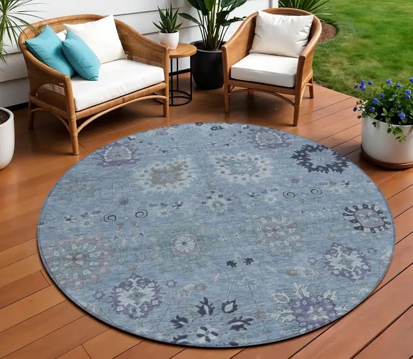 8' Denim Blue And Gray Round Damask Washable Indoor Outdoor Area Rug Photo 1