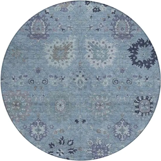 8' Denim Blue And Gray Round Damask Washable Indoor Outdoor Area Rug Photo 2