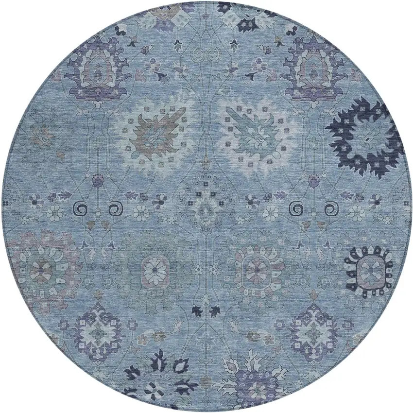 8' Denim Blue And Gray Round Damask Washable Indoor Outdoor Area Rug Photo 2