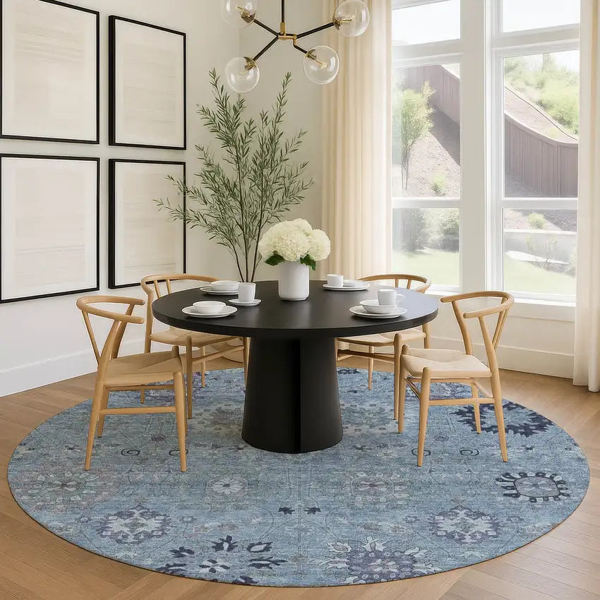 8' Denim Blue And Gray Round Damask Washable Indoor Outdoor Area Rug Photo 9