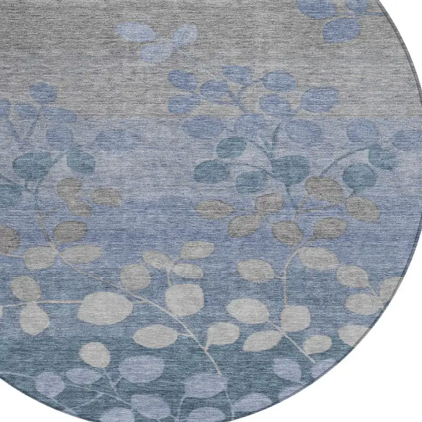 8' Denim Blue And Gray Round Floral Washable Indoor Outdoor Area Rug Photo 7