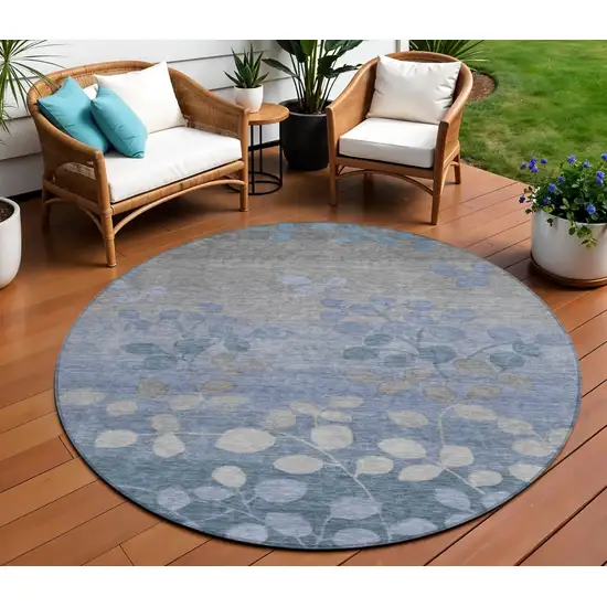 8' Denim Blue And Gray Round Floral Washable Indoor Outdoor Area Rug Photo 2
