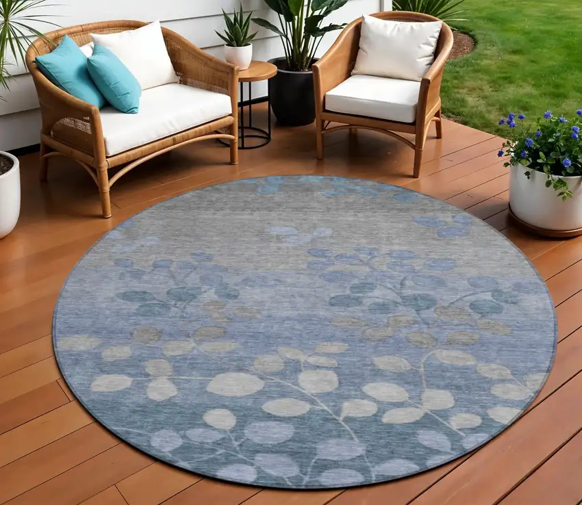 8' Denim Blue And Gray Round Floral Washable Indoor Outdoor Area Rug Photo 2