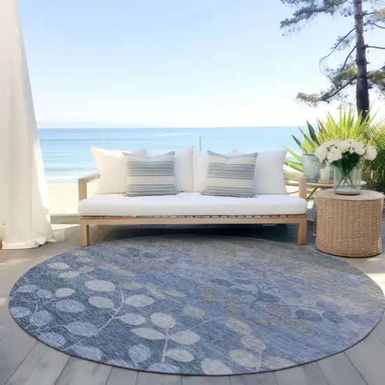8' Denim Blue And Gray Round Floral Washable Indoor Outdoor Area Rug Photo 5