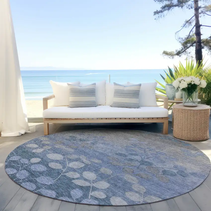 8' Denim Blue And Gray Round Floral Washable Indoor Outdoor Area Rug Photo 5