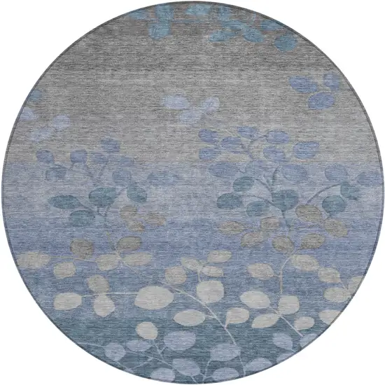 8' Denim Blue And Gray Round Floral Washable Indoor Outdoor Area Rug Photo 1