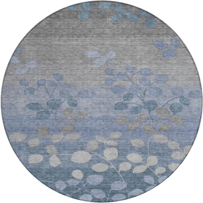 8' Denim Blue And Gray Round Floral Washable Indoor Outdoor Area Rug Photo 1
