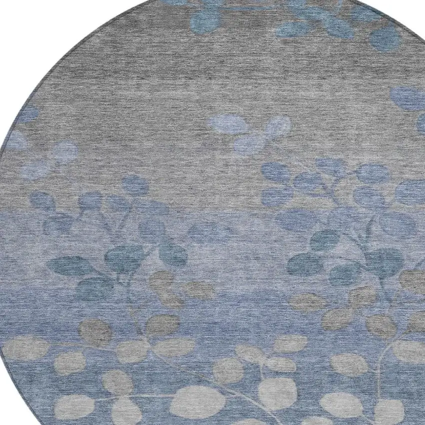 8' Denim Blue And Gray Round Floral Washable Indoor Outdoor Area Rug Photo 4