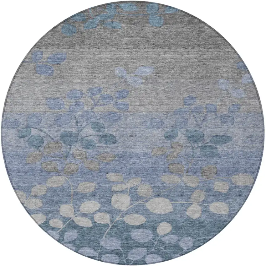 8' Denim Blue And Gray Round Floral Washable Indoor Outdoor Area Rug Photo 3