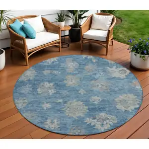 Photo of 8' Denim Blue And Gray Round Floral Washable Indoor Outdoor Area Rug