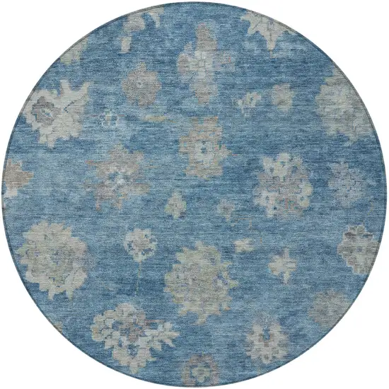 8' Denim Blue And Gray Round Floral Washable Indoor Outdoor Area Rug Photo 4
