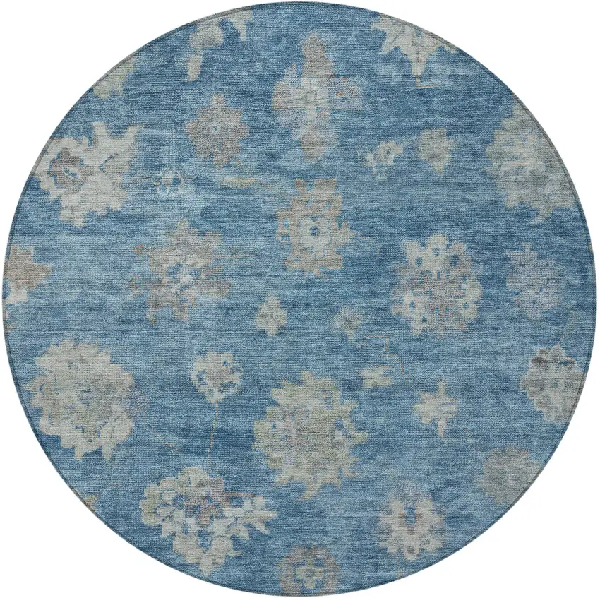 8' Denim Blue And Gray Round Floral Washable Indoor Outdoor Area Rug Photo 4