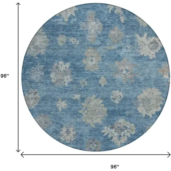 8' Denim Blue And Gray Round Floral Washable Indoor Outdoor Area Rug Photo 3