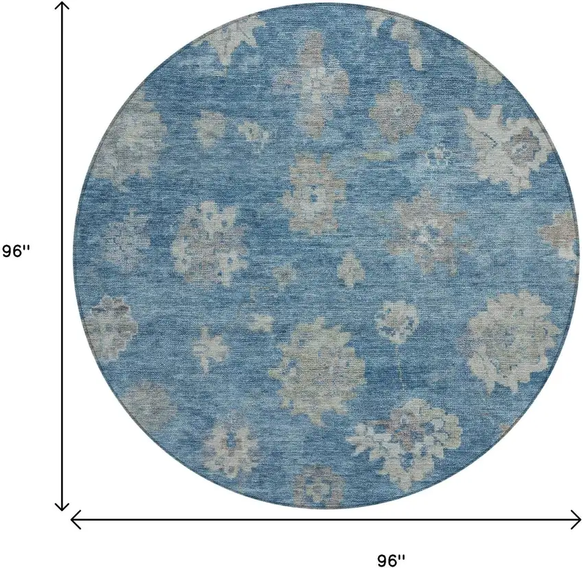 8' Denim Blue And Gray Round Floral Washable Indoor Outdoor Area Rug Photo 3