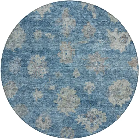 8' Denim Blue And Gray Round Floral Washable Indoor Outdoor Area Rug Photo 2