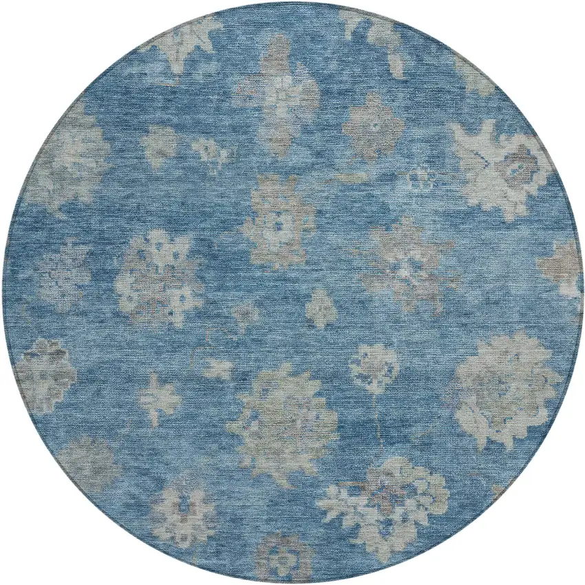 8' Denim Blue And Gray Round Floral Washable Indoor Outdoor Area Rug Photo 2