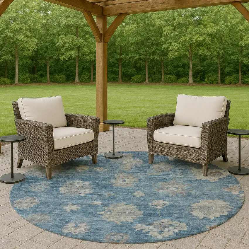 8' Denim Blue And Gray Round Floral Washable Indoor Outdoor Area Rug Photo 7