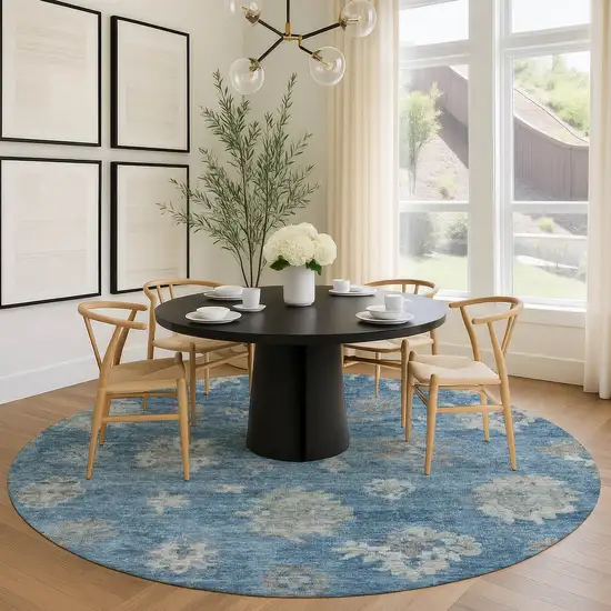 8' Denim Blue And Gray Round Floral Washable Indoor Outdoor Area Rug Photo 8