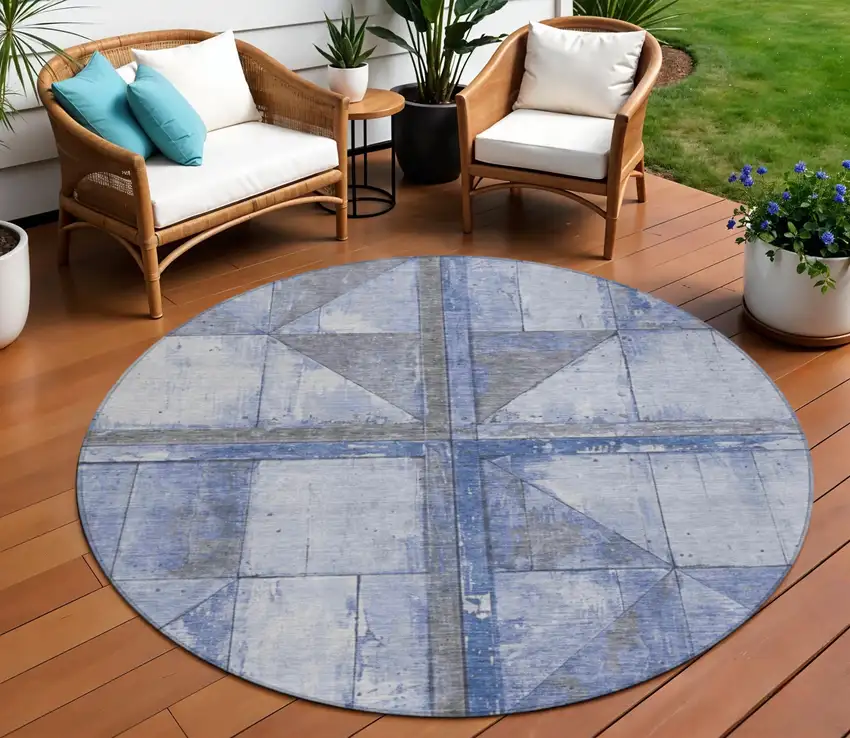 8' Denim Blue And Gray Round Geometric Washable Indoor Outdoor Area Rug Photo 2