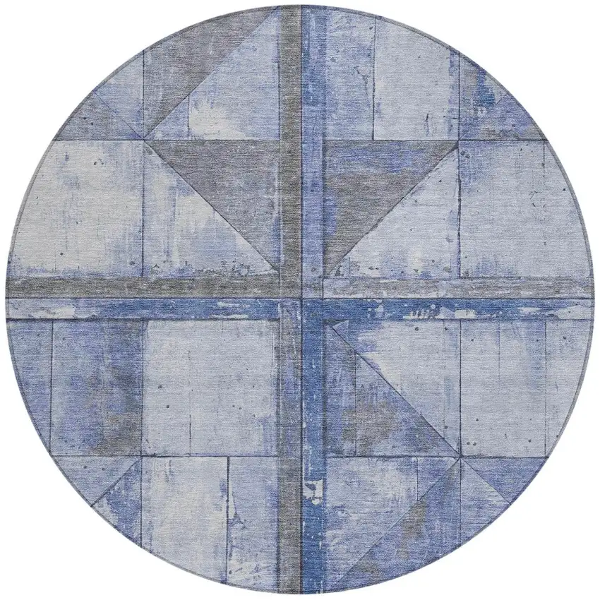 8' Denim Blue And Gray Round Geometric Washable Indoor Outdoor Area Rug Photo 3