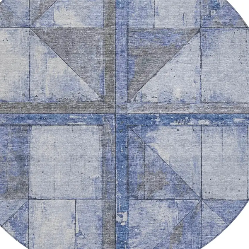 8' Denim Blue And Gray Round Geometric Washable Indoor Outdoor Area Rug Photo 8