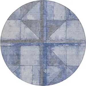 Photo of 8' Denim Blue And Gray Round Geometric Washable Indoor Outdoor Area Rug