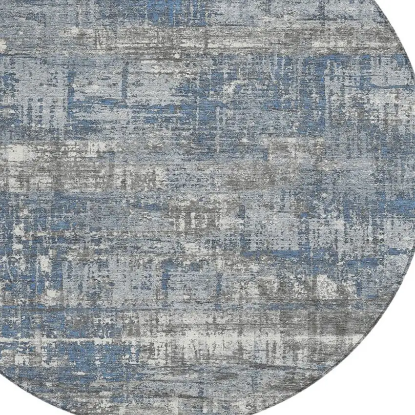 8' Denim Blue And Gray Round Geometric Washable Indoor Outdoor Area Rug Photo 8