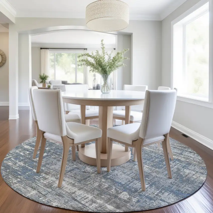 8' Denim Blue And Gray Round Geometric Washable Indoor Outdoor Area Rug Photo 6