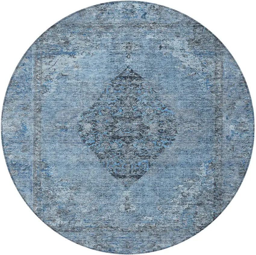 8' Denim Blue And Gray Round Medallion Washable Indoor Outdoor Area Rug Photo 3