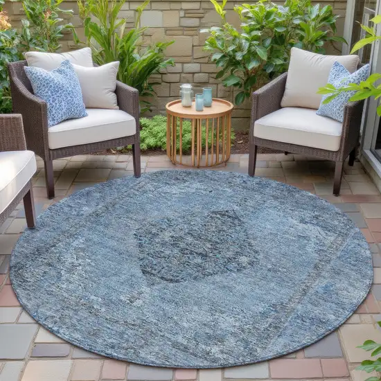 8' Denim Blue And Gray Round Medallion Washable Indoor Outdoor Area Rug Photo 6