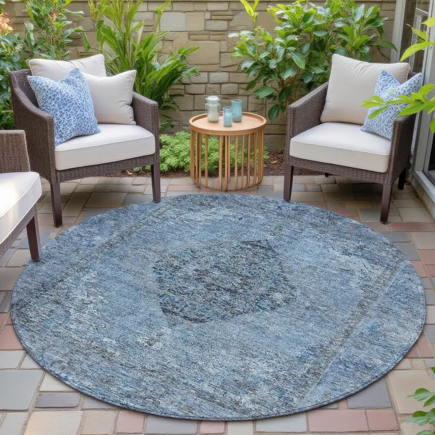8' Denim Blue And Gray Round Medallion Washable Indoor Outdoor Area Rug Photo 6