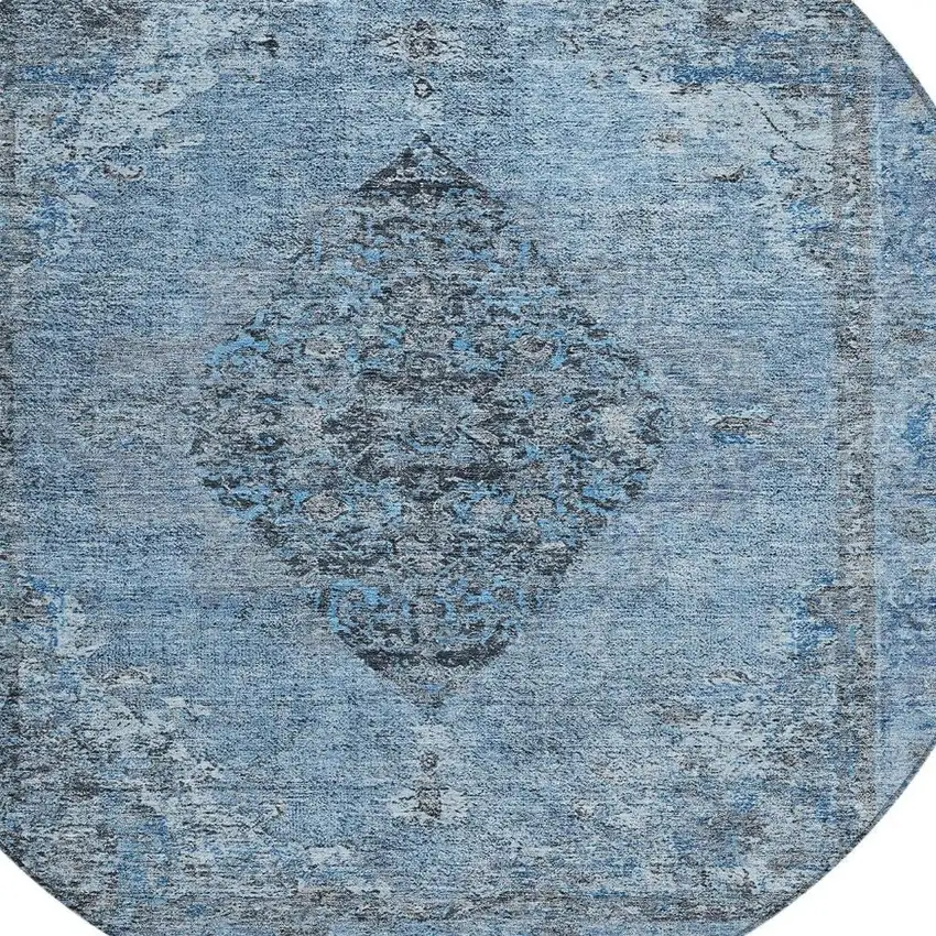 8' Denim Blue And Gray Round Medallion Washable Indoor Outdoor Area Rug Photo 8