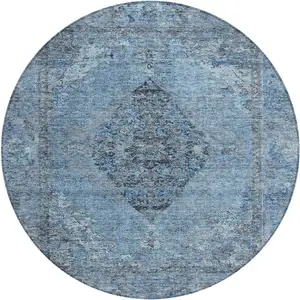 Photo of 8' Denim Blue And Gray Round Medallion Washable Indoor Outdoor Area Rug